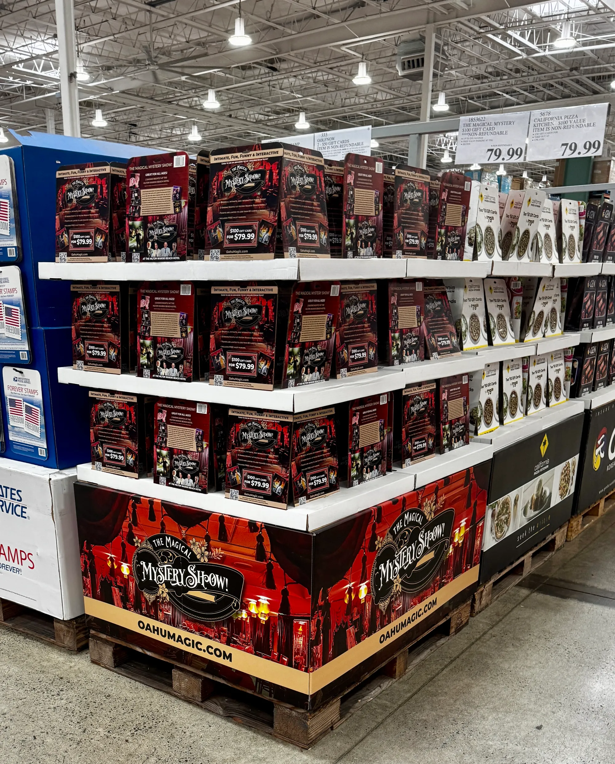 The Magical Mystery Show boxes stacked in a retail store, with pricing displayed.
