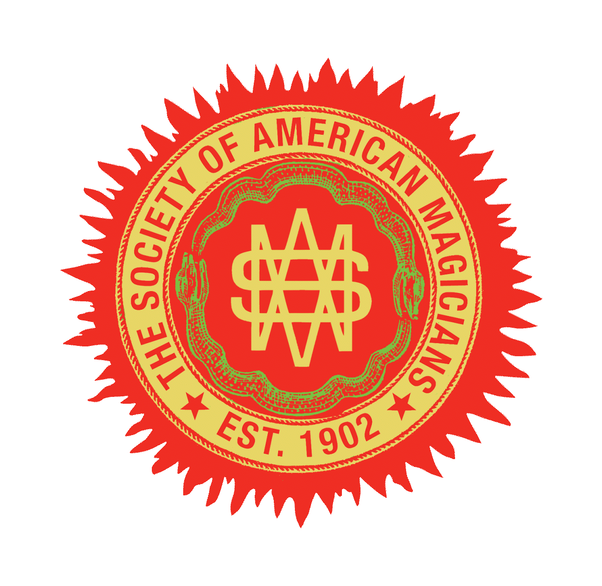 The Society of American Magicians logo featuring a snake and the letters "SAM" in a red and gold circular design.